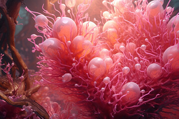 Poster - A spreading bacterial colony with intricate branching patterns, exhibiting a vibrant pink color. Generative AI technology.