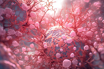Poster - A spreading bacterial colony with intricate branching patterns, exhibiting a vibrant pink color. Generative AI technology.