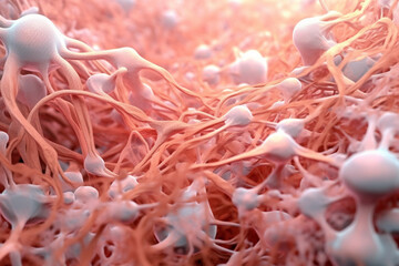 Poster - An elongated bacterial colony with intertwined filaments, resembling a tangled web, and featuring a pale pink coloration. Generative AI technology.
