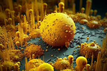 Poster - A compact bacterial colony with a spherical shape and a smooth surface, displaying a bright yellow color.  Generative AI technology.