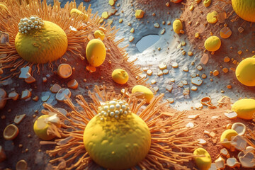 Poster - A large bacterial colony with a flat and irregular shape, featuring a mix of yellow and brown colors.  Generative AI technology.