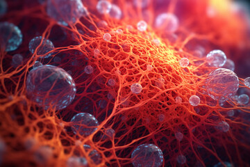 Poster - A clustered bacterial colony with interconnected filaments, forming a mesh-like structure, and featuring a bright red color. Generative AI technology.