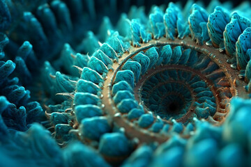 Poster - A bacterial colony with a spiral pattern, resembling a miniature seashell, and displaying a vibrant turquoise color.  Generative AI technology.