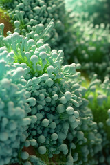 Poster - A bacterial colony with irregular edges and a rough surface, resembling a cluster of small spheres, and displaying a pale green color.  Generative AI technology.