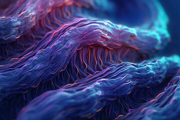 Poster - An elongated bacterial colony with intertwining strands, resembling a twisted rope, and exhibiting a mix of purple and blue colors.  Generative AI technology.