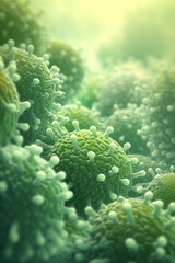Poster - A bacterial colony with irregular edges and a rough surface, resembling a cluster of small spheres, and displaying a pale green color.  Generative AI technology.