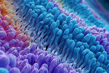 Poster - An elongated bacterial colony with intertwining strands, resembling a twisted rope, and exhibiting a mix of purple and blue colors.  Generative AI technology.