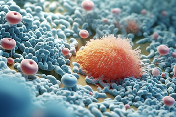 Poster - A bacterial colony with a circular shape and a smooth surface, exhibiting a bright white coloration with a glossy sheen.  Generative AI technology.