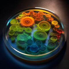 Poster - An agar plate with bacterial colonies displaying a gradient of colors, transitioning from dark blue to light green.  Generative AI technology.