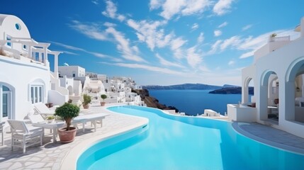 Photo of a breathtaking ocean view from the majestic cliffs of Santorini. White washed houses and luxurious swimming pools - created with Generative AI technology