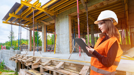 Woman builder. Girl with clipboard at construction site. Girl engineer. Builder architect. Woman near house under construction. Lady in builder vest and helmet. Architecture company intern