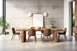 © The 2R Artificiality - Stylish dining room interior design with a wooden family table, sleek chairs, and a centerpiece of nuts and salt and pepper shakers. The room features a concrete floor and white walls, creating a