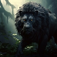 Black Lion In Jungle Cinematic Realistic 