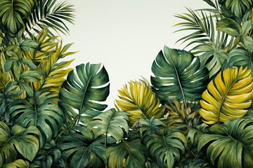  Watercolor tropical plants leaves background with copy space