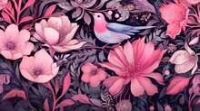 Seamless Pattern With Pink Flowers, Bird And Leaves On A Black Background. Hand-drawn Illustration.