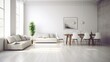 © Georgii - Interior of modern spacy minimalist white living room with dining area. Comfortable sofas, wooden dining table with chairs, houseplant in a pot, panoramic windows, wooden floor. Mockup, 3D rendering.
