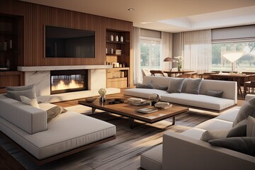 Canvas Print - Modern and luxurious large interiors are brought to life through the use of rendering and digital technology. A bright and inviting living room space is created through a computergenerated image that