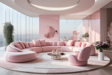 Sticker - The interior of a modern apartment is designed with a stylish living room in pink tones. The room features trendy furniture, including an armchair placed on a carpeted floor. The walls are adorned