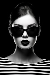  Woman wearing sunglasses and black and white dress with black lip.