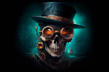 A Skull In Top Hat And Glasses. Steampunk. Generative AI