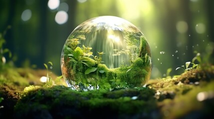Wall Mural - transparent crystal sphere in a green forest filled with sunlight. grass, trees and waterfall are re