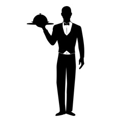 Elegant waiter with a tray of food silhouette. Vector illustration