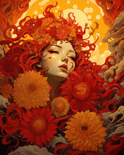 Abstract Portrait Of Young Femininity Girl On The Background Of The Setting Sun Surrounded By Large Blooming Beautiful Red Flowers. Illustration In Oriental Style Design. 