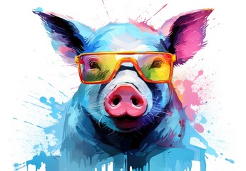 Wall Mural - The muzzle of the pig is painted with watercolor paints with splashes of paint on it. Digital art. Can be printed on t-shirt, bag, postcard, case, pillow and other products.