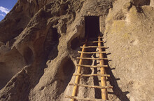 Ladder Leads To An Ancient Indian Cliff Dwelling In Bandelier National Monument, New Mexico, USA; New Mexico, United States Of America