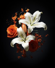 Composition Of Unusual Bouquet Of Elegant Blooming White Lilies And Orange Rose On Black Background. Poster, Picture On The Wall, Greeting Card, Decor. 