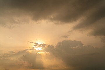 Wall Mural - Horizon panorama and dramatic twilight sky and cloud sunset background. Natural sky background texture, beautiful color. Dark clouds, big storm and rain.