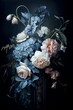 Bouquet colores frios, invitación de bodas de lujo, flores marchitas estilo barroco 