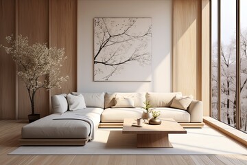 Wall Mural - Modern interior design in Japandi style for a living room, characterized by a combination of Japanese and Scandinavian aesthetics. The lighting in this sunny apartment is designed to enhance the