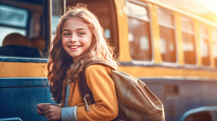 Little girl with backpack and books looking at camera yellow school bus on background. Back to school. 