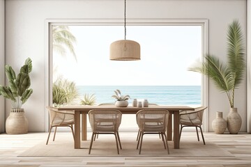 Poster - render of a cozy boho dining room interior background with a mockup frame.