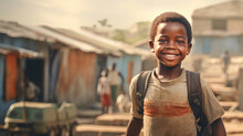 African Kid With Backpack Is Looking To The Camera And Walking To School On The Dusty Street. Back To School. 