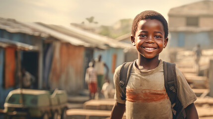 african kid with backpack is looking to the camera and walking to school on the dusty street. back t