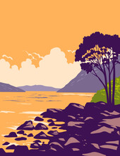 WPA Poster Art Of Loch Ness And The Caledonian Canal In Scotland's Great Glen In The Scottish Highlands Of Scotland Done In Works Project Administration Or Art Deco Style.
