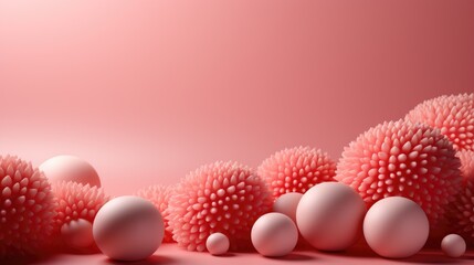 Wall Mural - Pink spheres of balls on coral background. Realistic 3d shapes. Horizontal banner, poster, header pattern for the website. vector illustration. Generative Ai