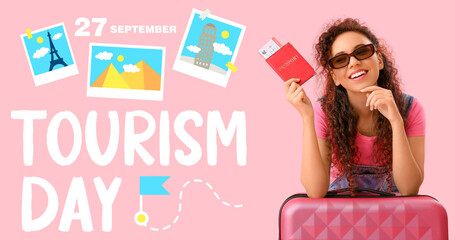 Sticker - Banner for World Tourism Day with young woman