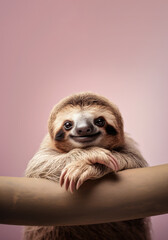 Poster - Cute sloth with happy positive smiling expression. Copy space above. Generative AI