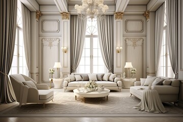 Canvas Print - The interior of the trendy living room features elegant lightcolored curtains, creating an airy atmosphere.