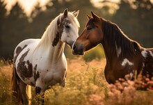 Portrait Of Two Beautiful Horses Touching Noses, Lovely, On A Natural Green Farm Background, Forest, Sunlight, AI Generated