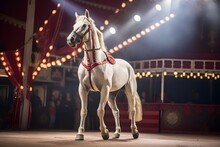 White Horse Portrait In The Circus, Performing, Festive Clothing, At Night Light, Bright Yellow, Red Colors, Illumination, AI Generated