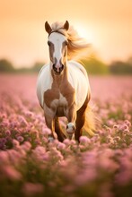 White, Mustang Horse Portrait In Pastel Wild Pink Flowers Field At Sunrise Light, Running, AI Generated