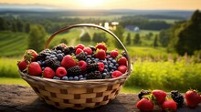  a basket full of berries and raspberries on a table.  generative ai