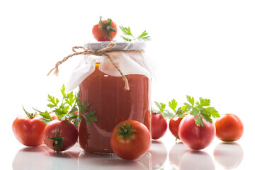 Poster - Cooked homemade tomato juice canned in a jar of natural tomatoes.