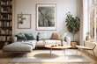 © 2rogan - A modern Scandinavian home interior design characterized by its aesthetics. The elegant living room features a comfortable sofa, midcentury furniture, a cozy carpet, wooden flooring, white walls, and