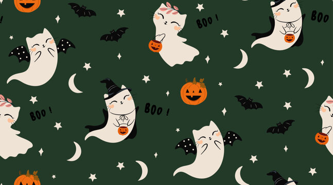 Happy Halloween seamless pattern, vector, hand drawn, halloween clipart set for kids artworks, wallpapers, prints, fabrics.