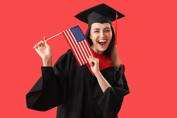 Sticker - Female graduate student with USA flag on red background